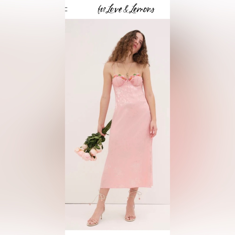 For Love & Lemons Lola Midi Dress Satin Pink Size Medium
